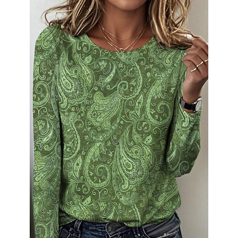 Women's T Shirt Floral Graphic Paisley Vintage Stylish Casual Long Sleeve Crew Neck Regular Tops Daily Print Blue Brown Green Spring Fall Winter3