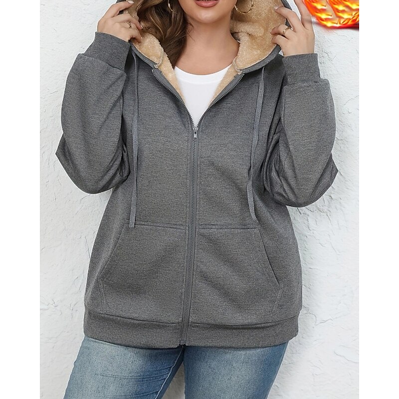 Women's Zip Up Hoodies Plain Casual Long Sleeve Hooded Regular Tops Street Going out Zipper Pocket Black Wine Navy Blue Light Grey Dark Gray Fall Winter