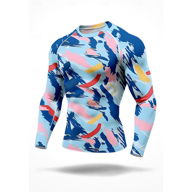 Men's Compression Shirt Running Shirt 3D Print Long Sleeve Base Layer Geometric Quick Dry Compression Power Flex Moisture Wicking Gym Workout Active Training Exercise Sportswear Activewear Blue