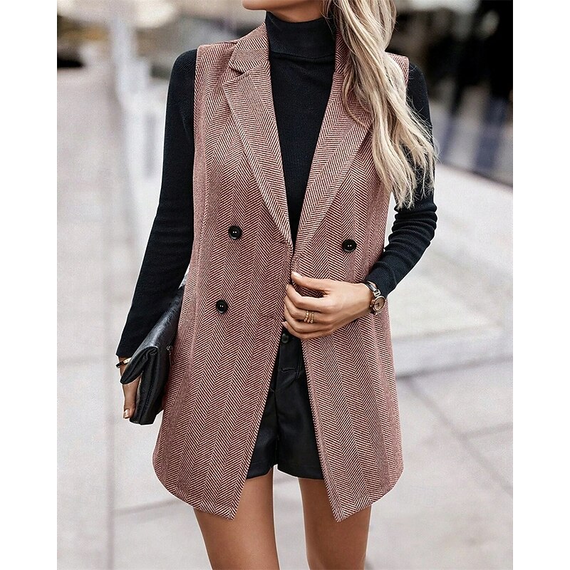 Women's Casual Jacket Warm Comfortable Buttons Fashion Outdoor Plain Going out Weekend Double Breasted Regular Lapel Regular Fit Sleeveless Outerwear Black Pink Camel Fall Winter3