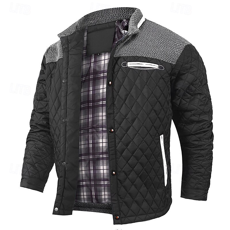 Men's Quilted Jacket Casual Jacket Vacation Daily Warm Patchwork Pocket Fall Winter Color Block Fashion Classic Stand Collar Regular Black Blue Khaki Army Green Jacket