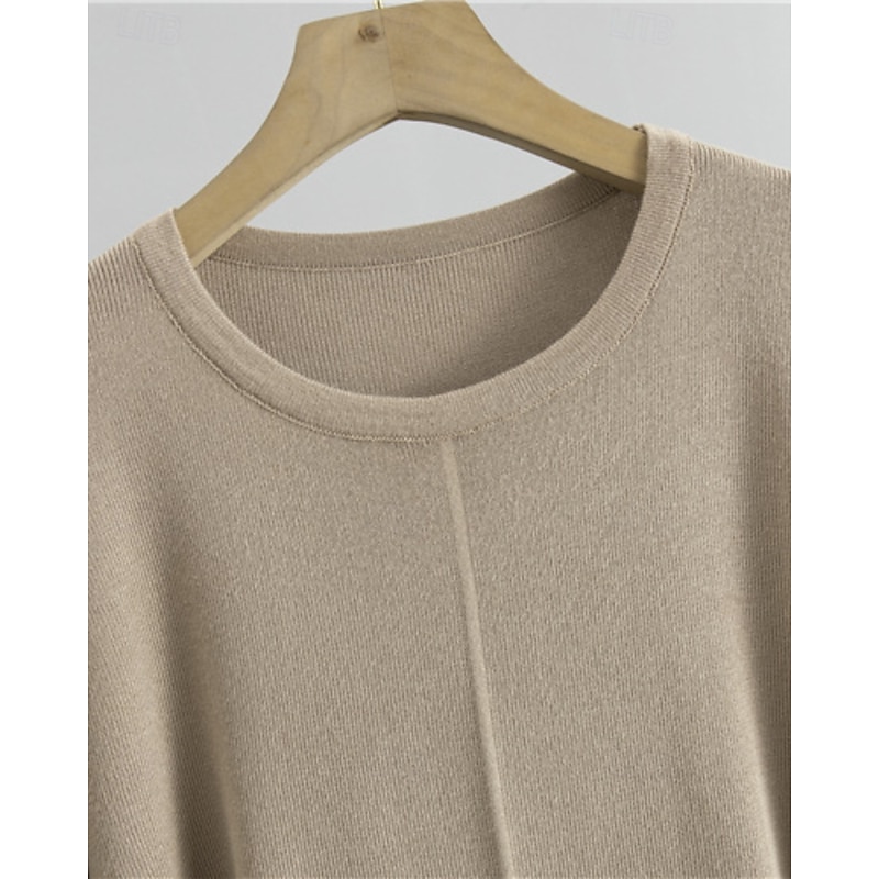 Women's Sweater Sweater Set Streetwear Casual Solid Color Crew Neck Knitted Asymmetric Hem Long Sleeve Regular Tops Knit Daily Holiday Going out Black Khaki Fall Winter4