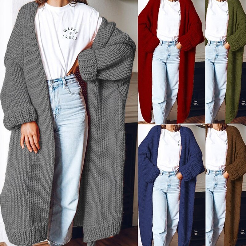 Women's Sweater Cardigan Streetwear Casual Solid Color V Neck Knitted Long Sleeve Long Tops Knit Daily Holiday Going out Wine Red Black Fall Winter