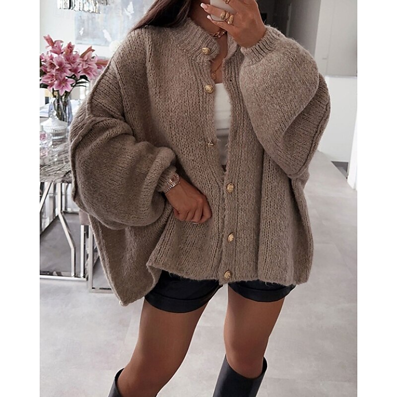 Women's Sweater Cardigan Vintage Streetwear Solid Color Ribbed Crew Neck Buttons Knitted Long Sleeve Regular Tops Knit Daily Going out Weekend Black Green Fall Winter4