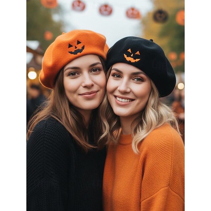 Women's Halloween Pumpkin Beret Hat – Vintage Wool Blend French Style Cap for Costume Party, Cosplay and Autumn Outfits3