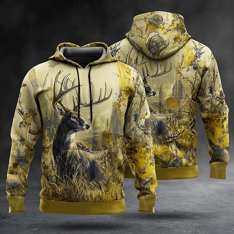 Men's Deer Hoodie Sweatshirt Fashion Classic Crew Neck Outdoor Hunting Yellow Brown Drawstring Fall Winter Designer3