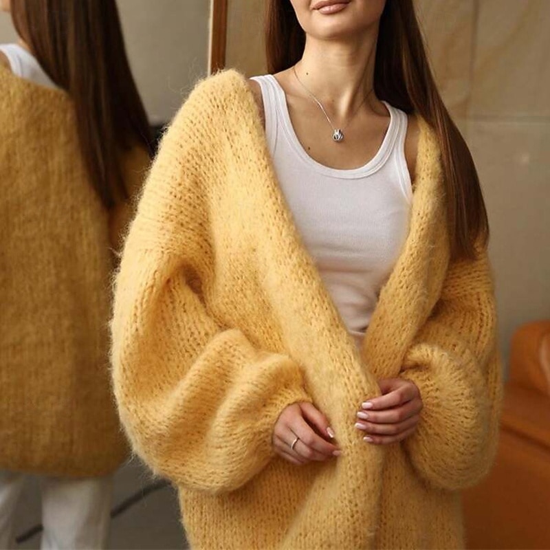 Women's Sweater Cardigan Elegant Fashion Streetwear Pure Color Open Front Knitted Long Sleeve Regular Tops Knit Outdoor Daily Weekend Yellow Fall Winter2
