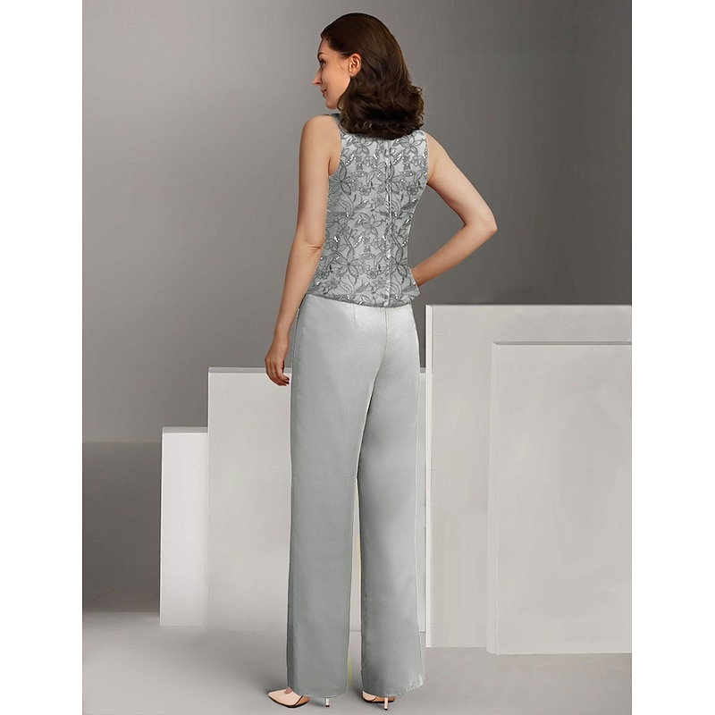 Formal Pantsuit Beach Wedding 3 Piece Mother of the Bride  Elegant Jewel Neck Chiffon Long Sleeve Wrap Included Lace Embroidery Solid Color4