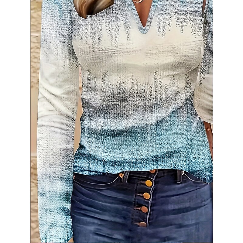Women's T Shirt Graphic Gradient Vintage Stylish Classic Long Sleeve Notched Neck Regular Tops Daily Weekend Print Light Blue Spring Fall Winter3