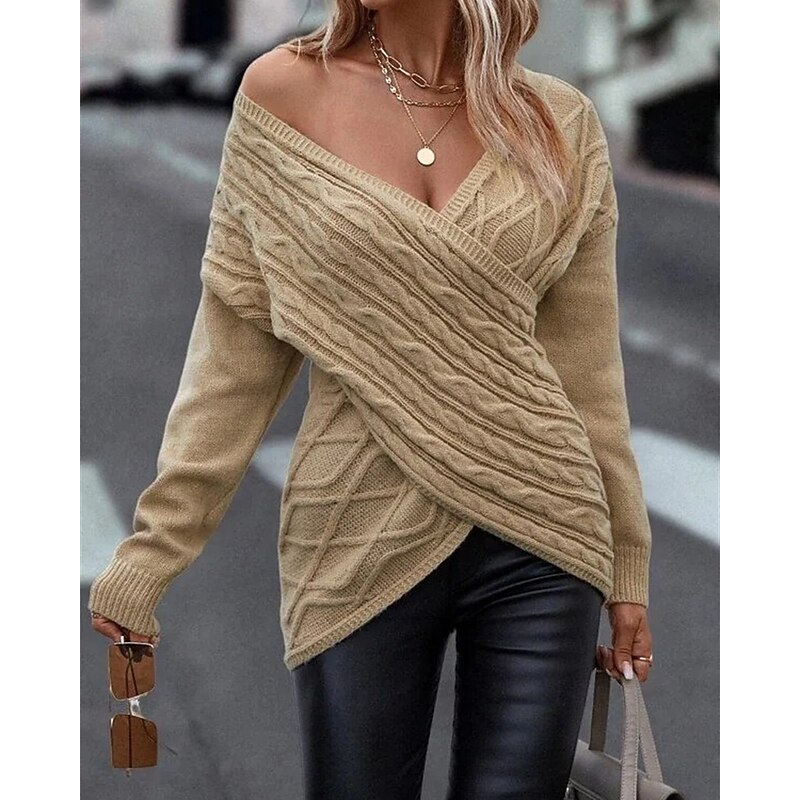 Women's Sweater Pullover Elegant Fashion Streetwear Solid Color Ribbed V Neck Knitted Asymmetric Hem Long Sleeve Regular Tops Knit Outdoor Daily Weekend Khaki Fall Winter3