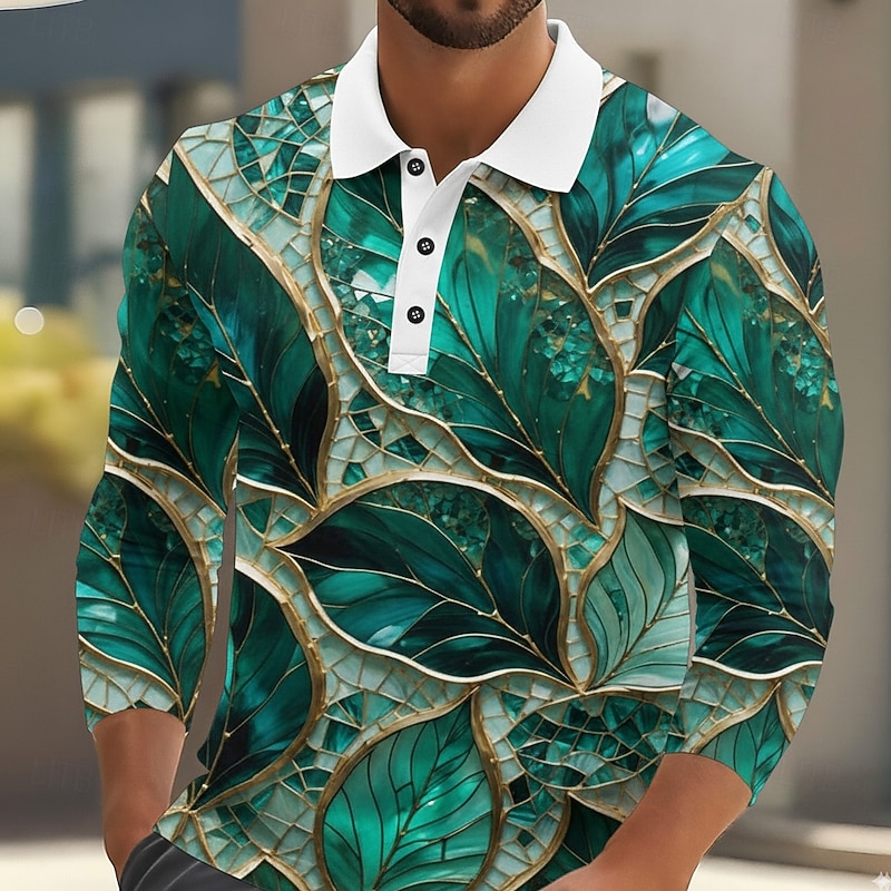 Men's Leaf Abstract Polo Long Sleeve Polo Shirts Lapel Casual Outdoor Street Athleisure Daily Wear 3D Print Buttons Spring Fall Winter Blue Purple Green3