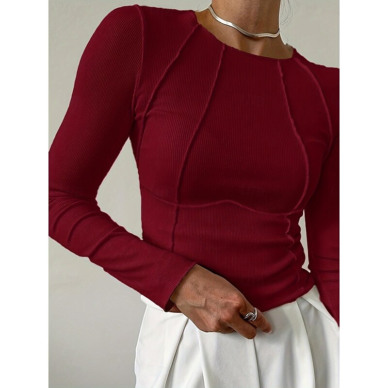 Women's Blouse Solid Color Stylish Casual Long Sleeve Crew Neck Regular Tops Daily Black White Wine Navy Blue Green Spring Fall3