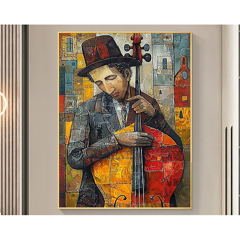 Large Abstract Cellist Oil Painting on Canvas Wall Art, Original Contemporary Custom Painting Bedroom Wall Decor Cello Player Gift for Him