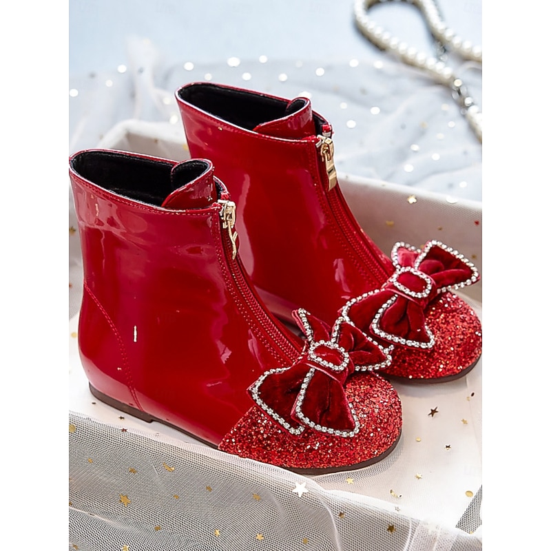 Girl's Red Glitter Bow Boots - Shiny Patent Leather Ankle Boots with Rhinestone Detailing for Parties and Dress-Up3