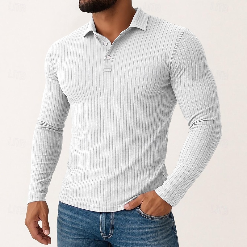 Men's Polo Shirts Rib Knit Top Vacation Street Classic Long Sleeve Fashion Basic Plain Knitting Spring Fall Winter Slim Fit Black White Khaki Gray Polo Shirts4