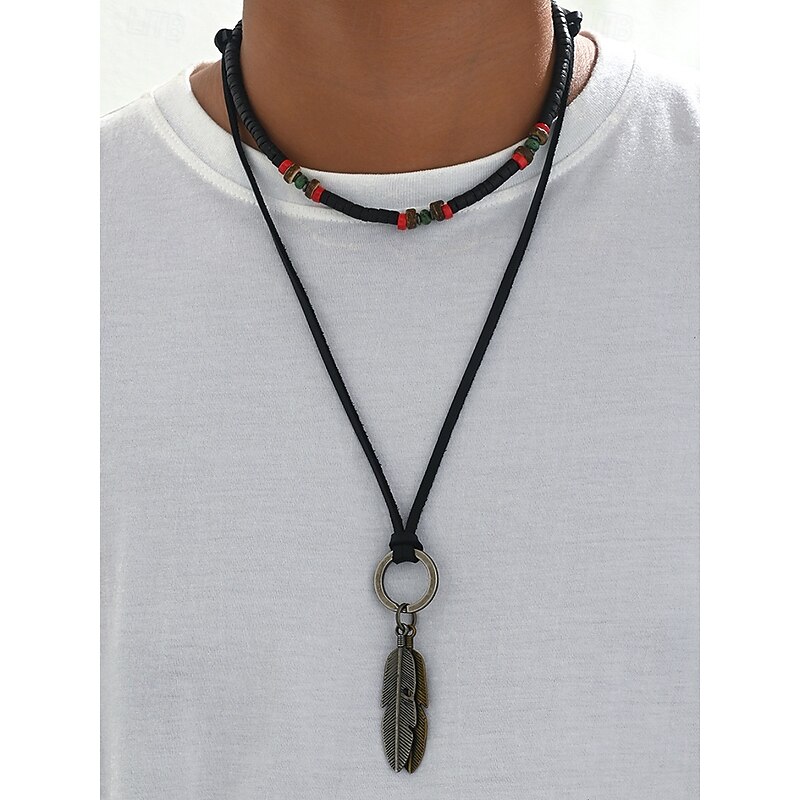 Men's Layered Feather Pendant Necklace, Adjustable Alloy Tribal Boho Choker Jewelry for Parties, Festivals and Casual Wear2