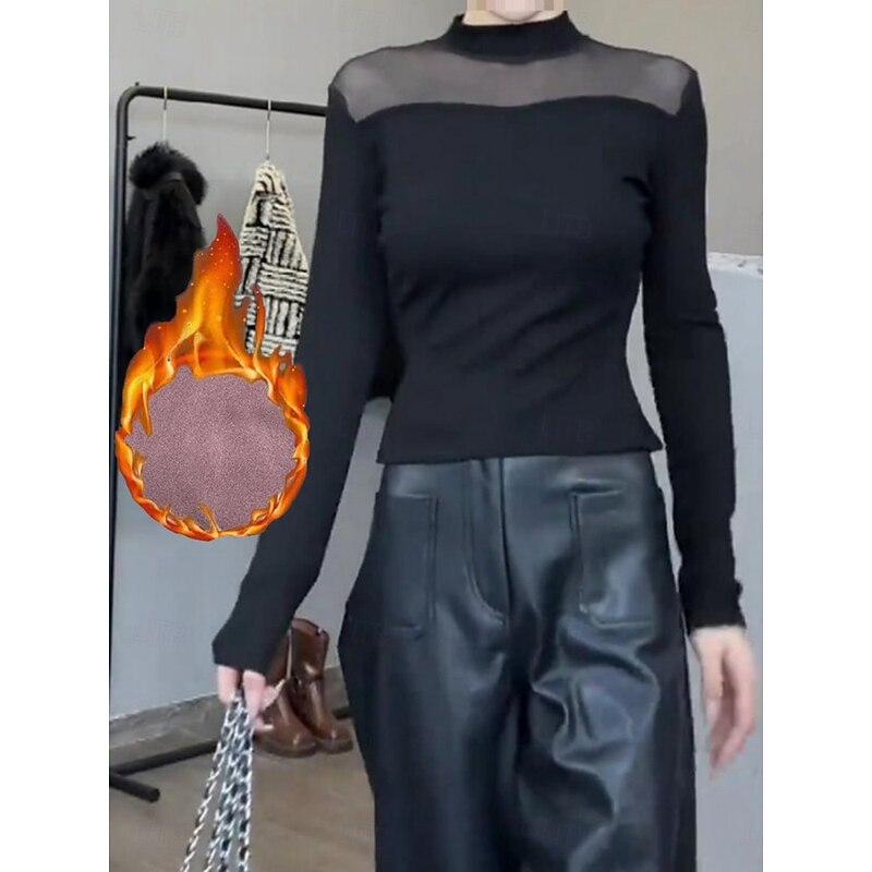 Women's Blouse Solid Color Stylish Casual Long Sleeve High Neck Regular Tops Daily Patchwork Mesh Black Spring Fall Winter