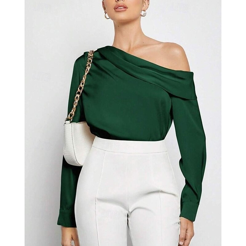 Women's Shirt Elegant Dressy Satin Solid Color Stylish Casual Long Sleeve Cold Shoulder Regular Tops Daily Going out Asymmetric Black Pink Blue Green Apricot Spring Fall2