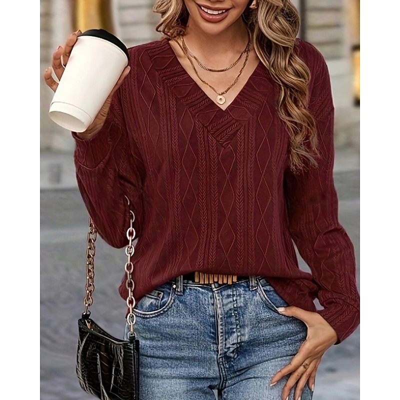 Women's Blouse Plain Stylish Long Sleeve V Neck Regular Tops Daily Holiday Going out Ruched Wine Fall Winter
