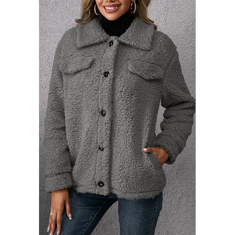 Women's Sherpa Jacket Comfortable Breathable Pocket Buttons Casual Plain Vacation Street Casual Daily Wear Single Breasted Short Turndown Regular Fit Long Sleeve Outerwear Khaki Army Green Dark Gray4