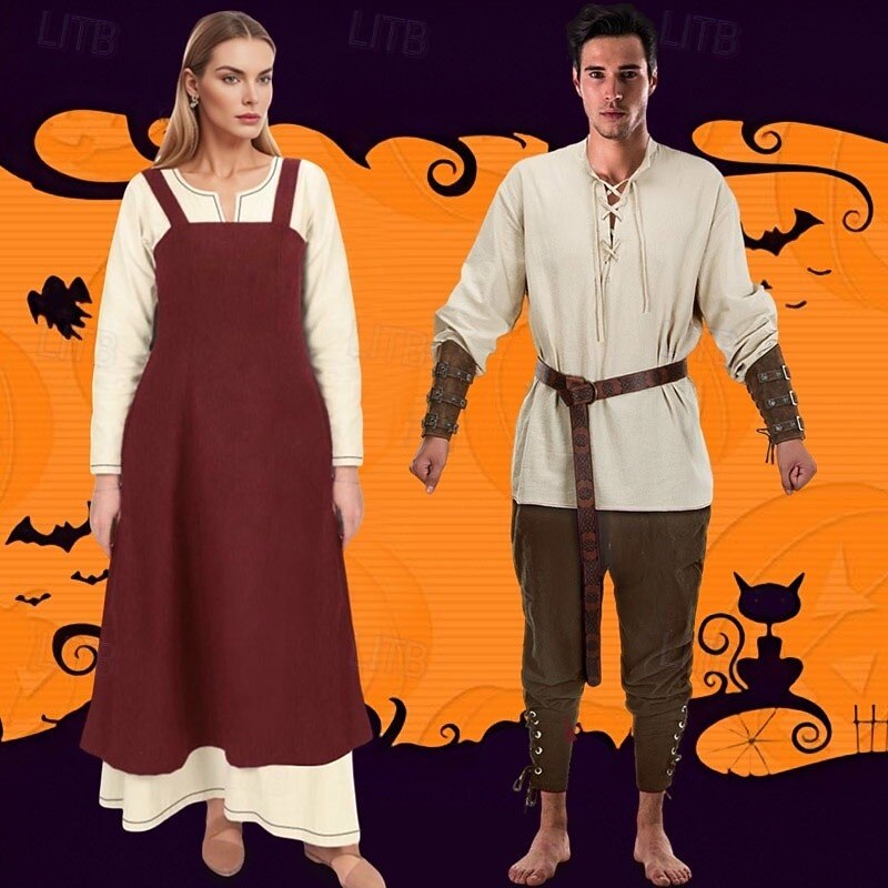 Couples Retro Vintage Medieval Renaissance Outfits Halloween Group Couples Costumes Ankle Length Viking Valhalla Men's Women's for Halloween LARP Ren Faire