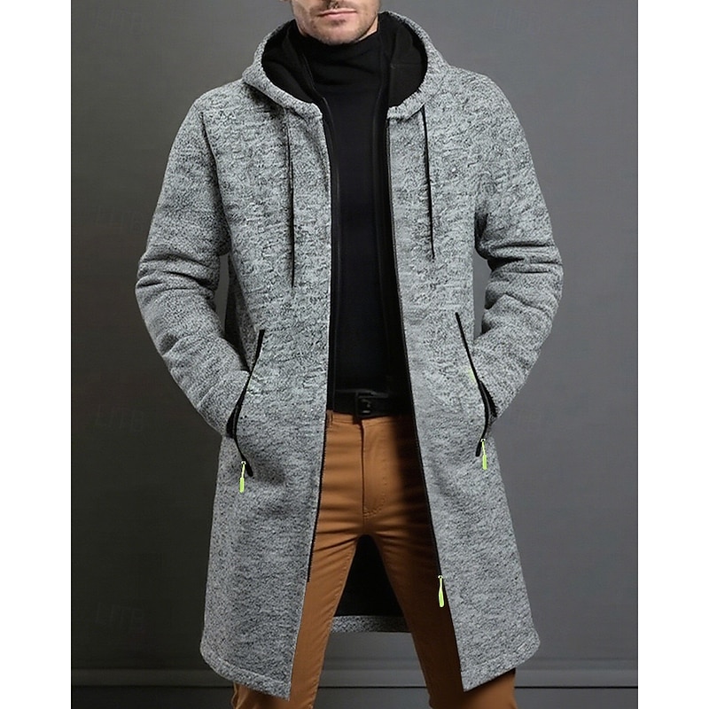 Men's Overcoat Trench Coat Long Trench Coat Vacation Daily Spring Winter Polyester Windproof Warm Outerwear Clothing Apparel Fashion Classic Plain Pocket Hooded Zipper