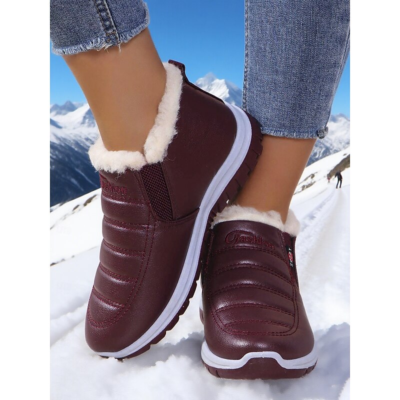 Women's Burgundy Waterproof Snow Boots with Faux Fur Lining – Warm Ankle Boots for Winter Outdoor Wear3