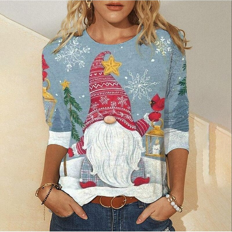 Christmas Women's T Shirt Graphic Snowman Christmas Tree Vintage Fashion Stylish Long Sleeve Crew Neck Round Neck Regular Tops Daily Weekend Print Black+White+Red Black Blue Dark Green Dusty Blue4