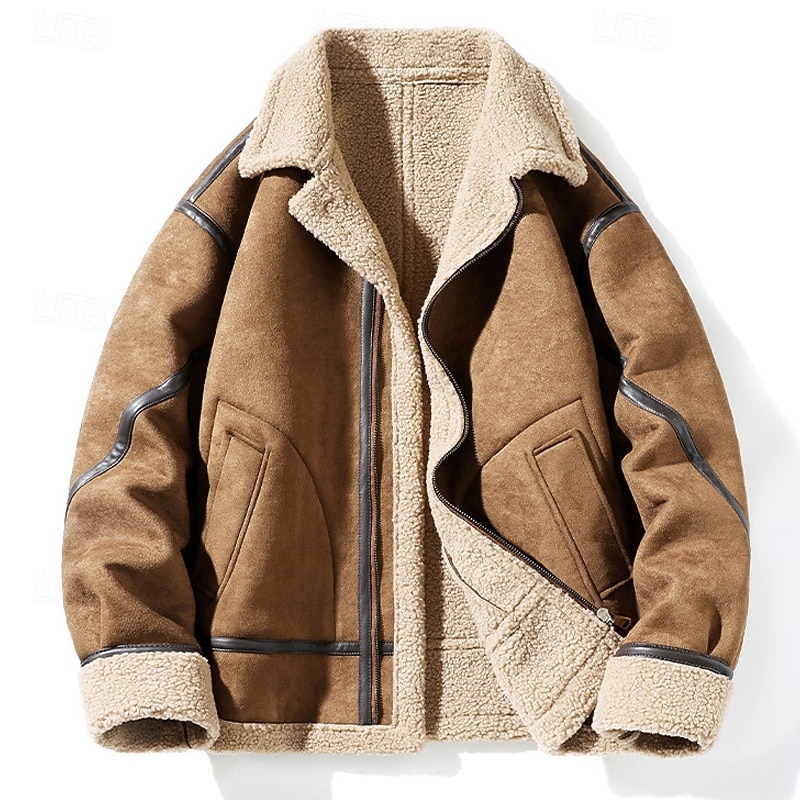 Men's Faux Suede Jacket Winter Jacket Sherpa Jacket Vacation Daily Thermal Warm Pocket Fleece Fall Winter Plain Fashion Streetwear Lapel Regular Black Brown Jacket2
