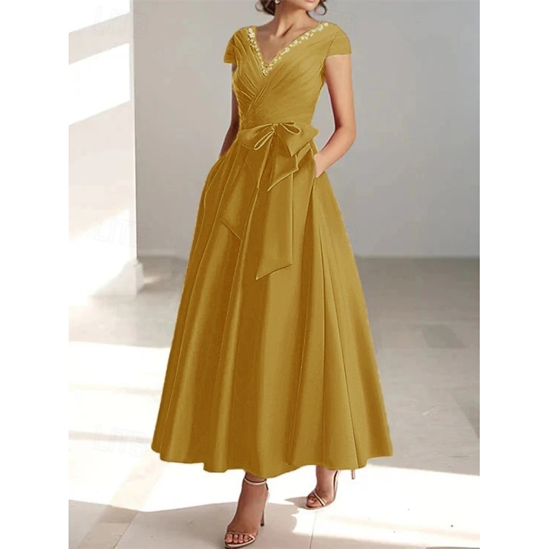 A-Line Cocktail Dresses Elegant Formal Wedding Guest Ankle Length Short Sleeve V NeckDress Satin with Bow(s)4