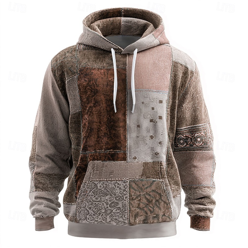 Men's Geometric Plaid Hoodie Sweatshirt Fashion Daily Crew Neck Home Party Streetwear Blue Purple Drawstring Fall Winter Designer4