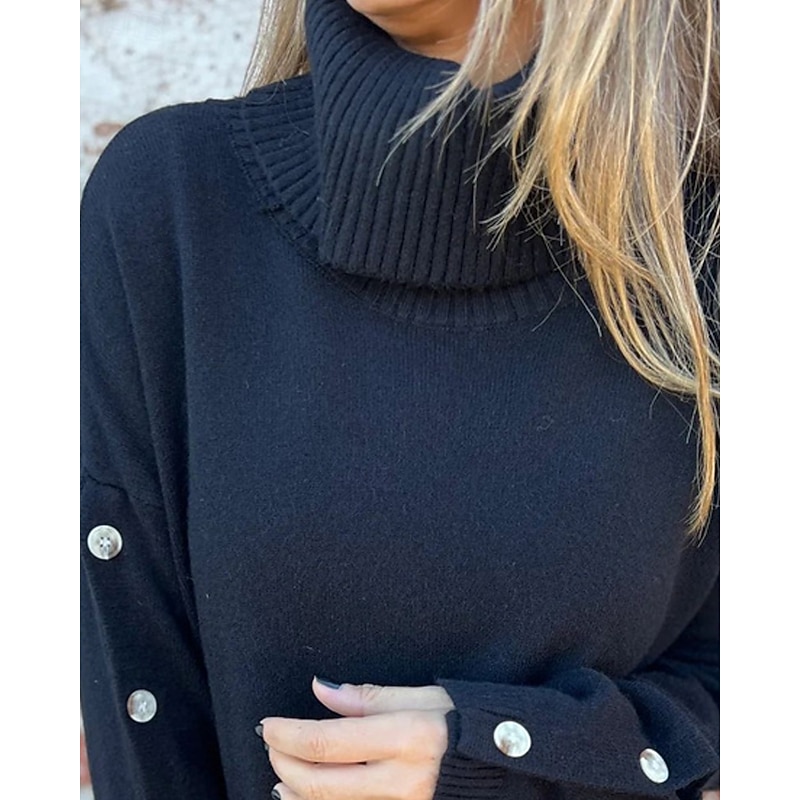 Women's Sweater Fashion Streetwear Casual Pure Color Ribbed Turtleneck Buttons Knitted Long Sleeve Regular Tops Knit Outdoor Daily Weekend Black Fall Winter2