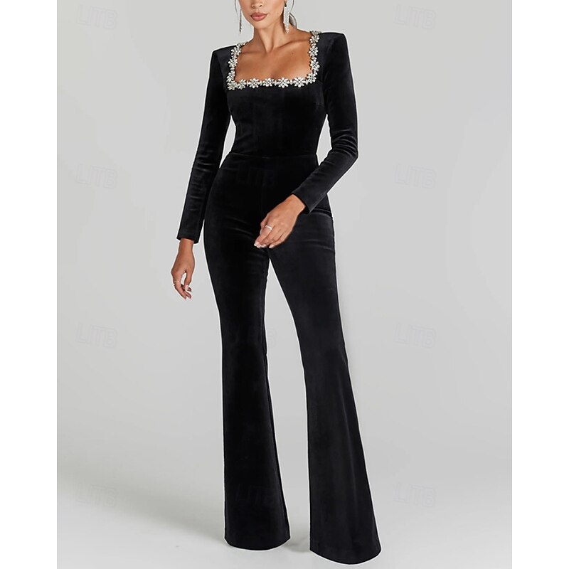 Women's Normal Jumpsuit Streetwear Solid Color Long Sleeve Square Neck Street Daily Regular Fit Black Fall2