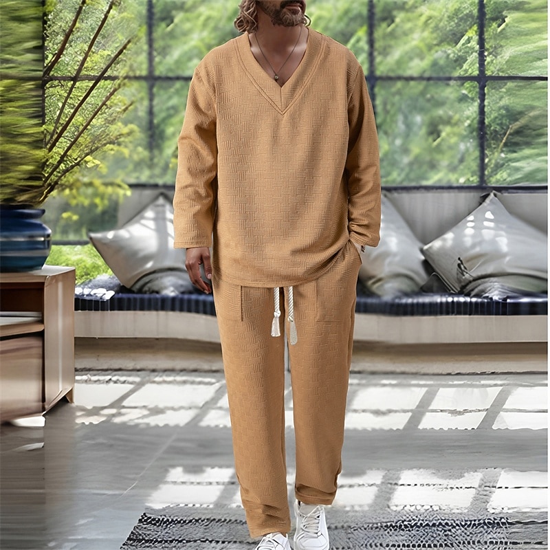 Men's T-shirt Suits Shirt and Pant Sets 2 Pieces Outfits Long Sleeve V Neck Spring Fall Plain Fashion Casual Jacquard 2 Piece Vacation Daily Wear Going out Black White Khaki Top Tee for Men