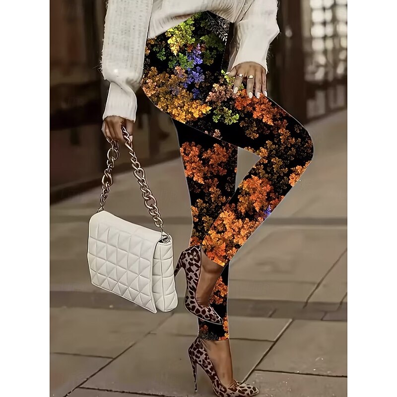 Women's Leggings Vacation Vintage Fashion Full Length High Waist Floral Graphic Printing Thermal Warm Soft Breathable Stretchy Formal Outdoor Vacation Orange Spring Fall Slim Fit2