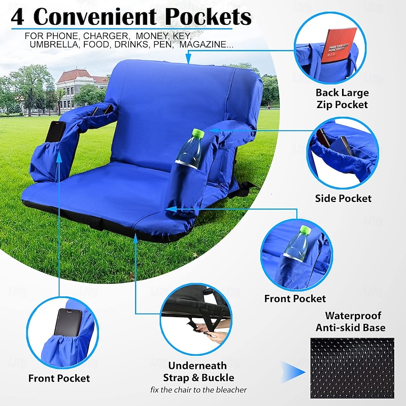Stadium Seating for Bleachers with Back Support and Thick Padded Cushion, 24 Inch Extra Wide Portable Reclining Folding Chair with Optional Arms, 4 Pockets and Shoulder Straps