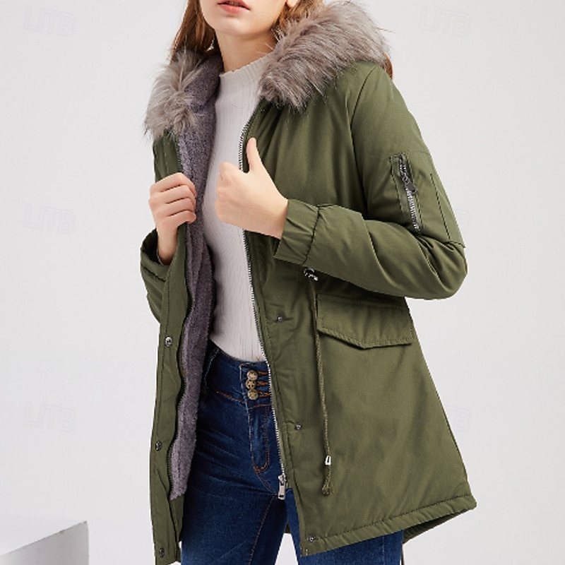 Women's Winter Coat Parka Warm Comfortable Zipper Pocket Fur Collar Casual Plain Outdoor Vacation Daily Wear Going out Long Hooded Regular Fit Long Sleeve Outerwear Navy Gray Pink Black Fall Winter2