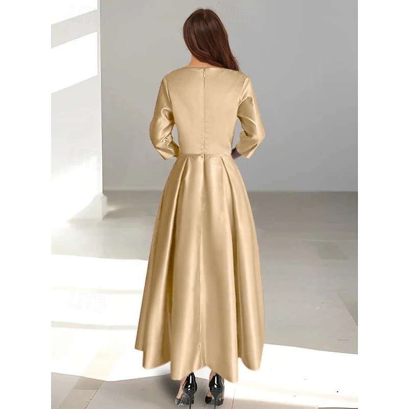 A-Line Cocktail Dresses Elegant Dress Formal Wedding Guest Ankle Length Short Sleeve Illusion Neck Pocket Satin with Bow(s)2