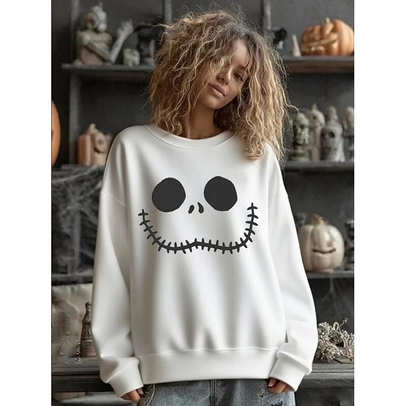 Women's Pullover Sweatshirt Graphic Skull Halloween Fashion Casual Long Sleeve Crew Neck Regular Tops Street Dailywear Casual Print White Orange Gray Fall Winter3