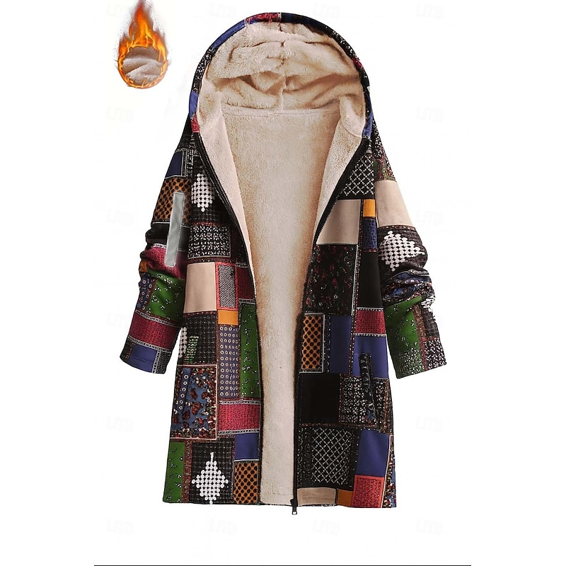 Women's Zip Up Hoodies Graphic Geometric Plaid Warm Active Vintage Long Sleeve Hooded Long Tops Home Work Dailywear Black Spring Fall Winter