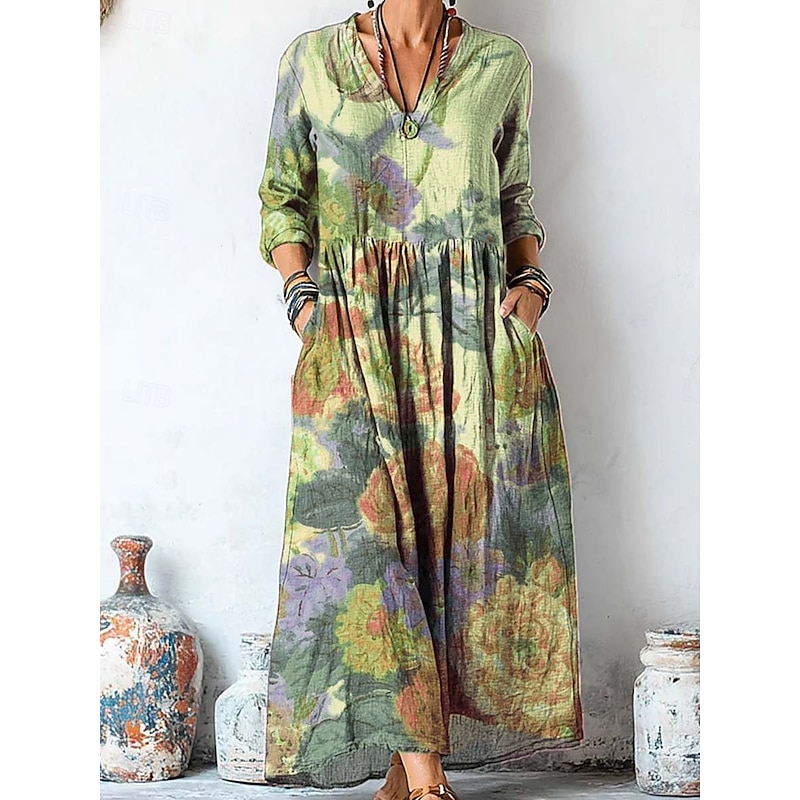 Women's Maxi Dress Sundress Pleated Dress Vacation Casual Boho Going out Beach Loose Fit Graphic Paisley Long Sleeve V Neck Purple Green Gray Spring Fall Winter Autumn2