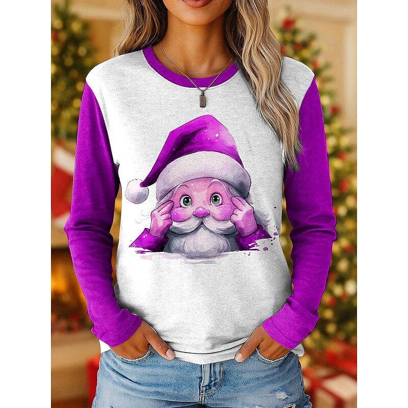 Christmas Women's T Shirt Graphic Santa Claus Vintage Fashion Stylish Long Sleeve Crew Neck Regular Tops Daily Weekend Print Red Blue Purple Green Spring Fall Winter4