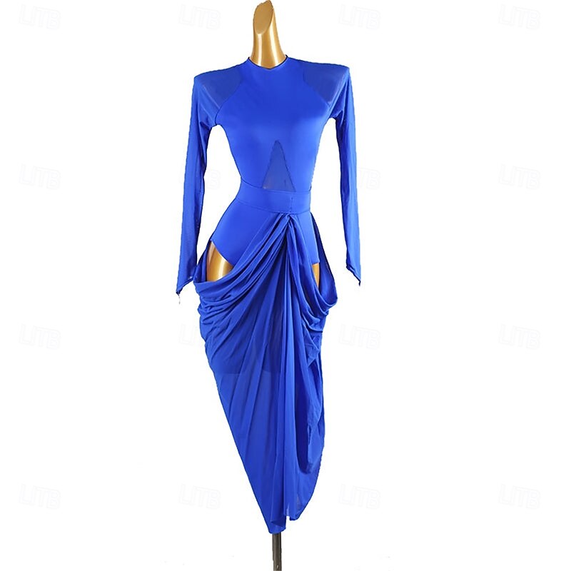 Women's Royal Blue Latin Dance Dress with Long Sleeves, Draped Skirt Detail, and Cut-Out Sides – Ideal for Salsa, Rumba, and Performance Wear