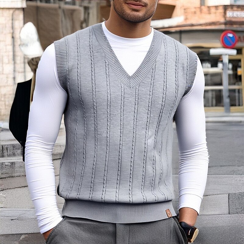 Men's Sweater Vest Dress Sweater Pullover Sweater Jumper Vest Knit Sweater Ribbed Knit Regular Tops Knitted Plain V Neck Fashion Casual Vacation Daily Wear Clothing Apparel Fall Winter Black Dark Navy