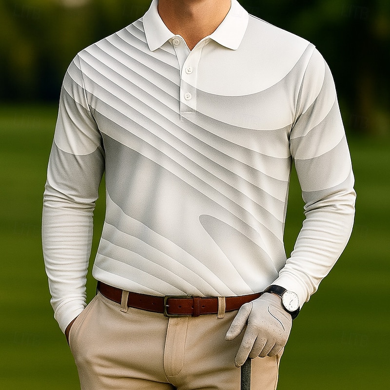 Men's Geometic Golf Polo Long Sleeve Polo Shirts Lapel Casual Outdoor Athleisure Daily Wear 3D Print Buttons Spring Fall Winter White Blue Purple3