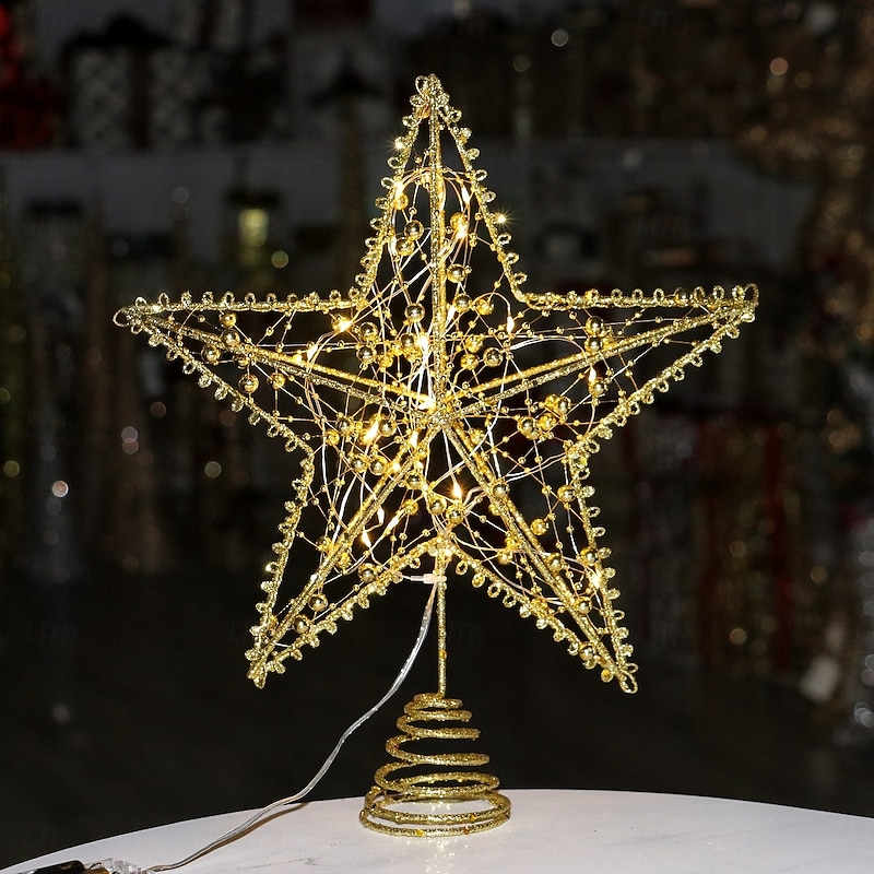 Christmas Tree Topper Star Led Light Xmas, Glitter Iron Five-Pointed Star Ornament, Hanging Tree Decoration, Festive Holiday Xmas Tabletop Home Decor Gift2