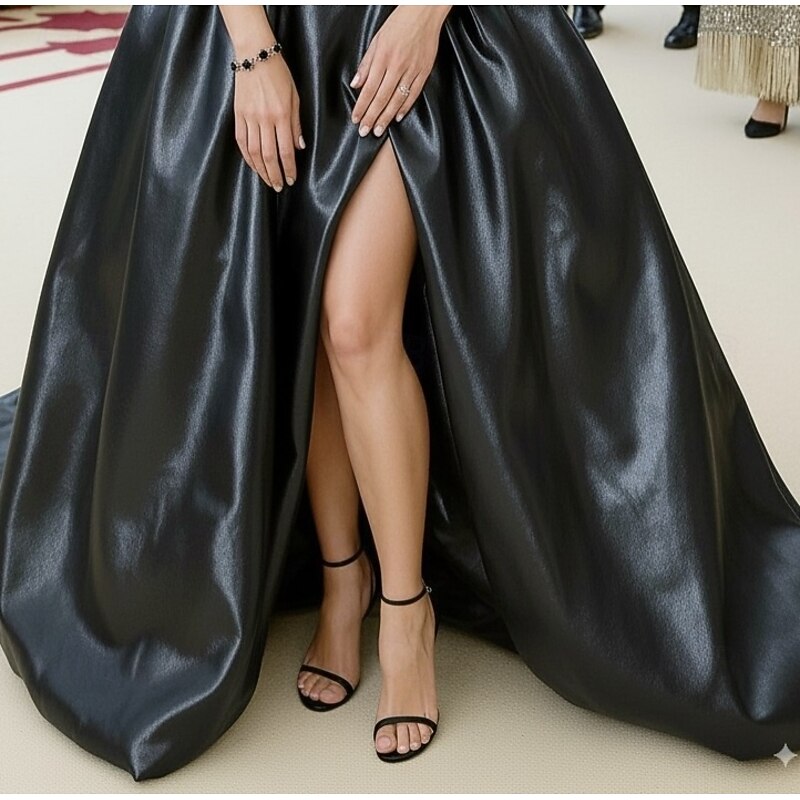 A-Line Evening Gown Elegant Formal Dress Formal Wedding Floor Length Short Sleeve Sweetheart Pocket Satin with Glitter 20254