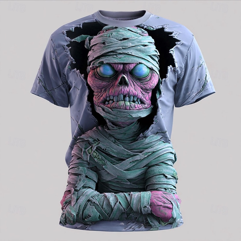 Halloween Men's Optical Illusion Zombies 3D T Shirt Short Sleeve T shirt 3D Print Crew Neck Shirt Exaggerated Designer Horror Party Street Club Blue Purple Brown Summer Spring All Seasons Clothing3