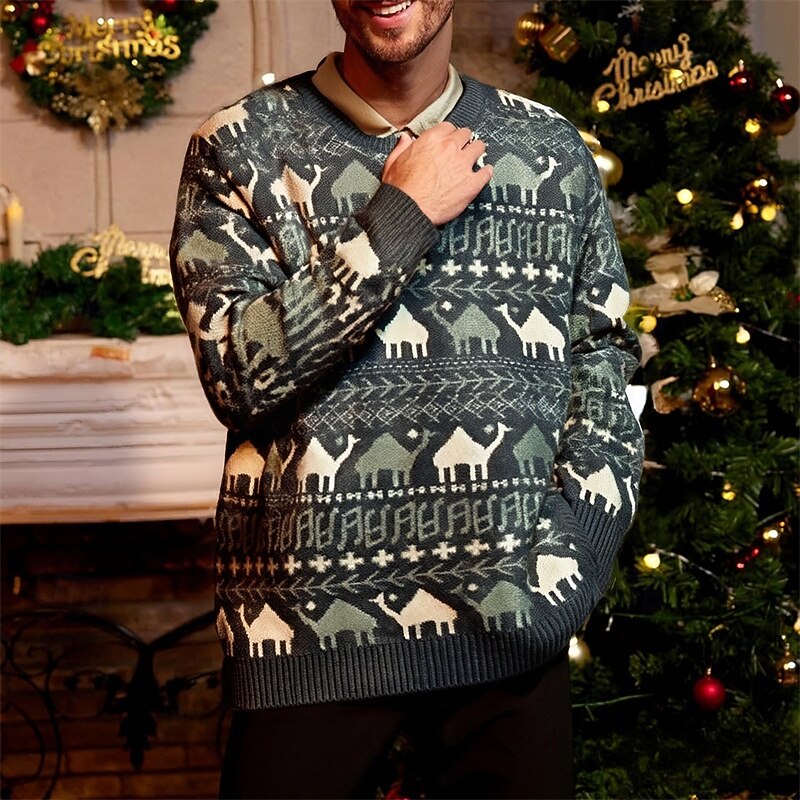 Men's Pullover Sweater Jumper Knit Sweater Ribbed Knit Regular Tops Knitted Animal Crew Neck Basic Ethnic Vacation Daily Wear Clothing Apparel Fall Winter Camel Blue M L XL3