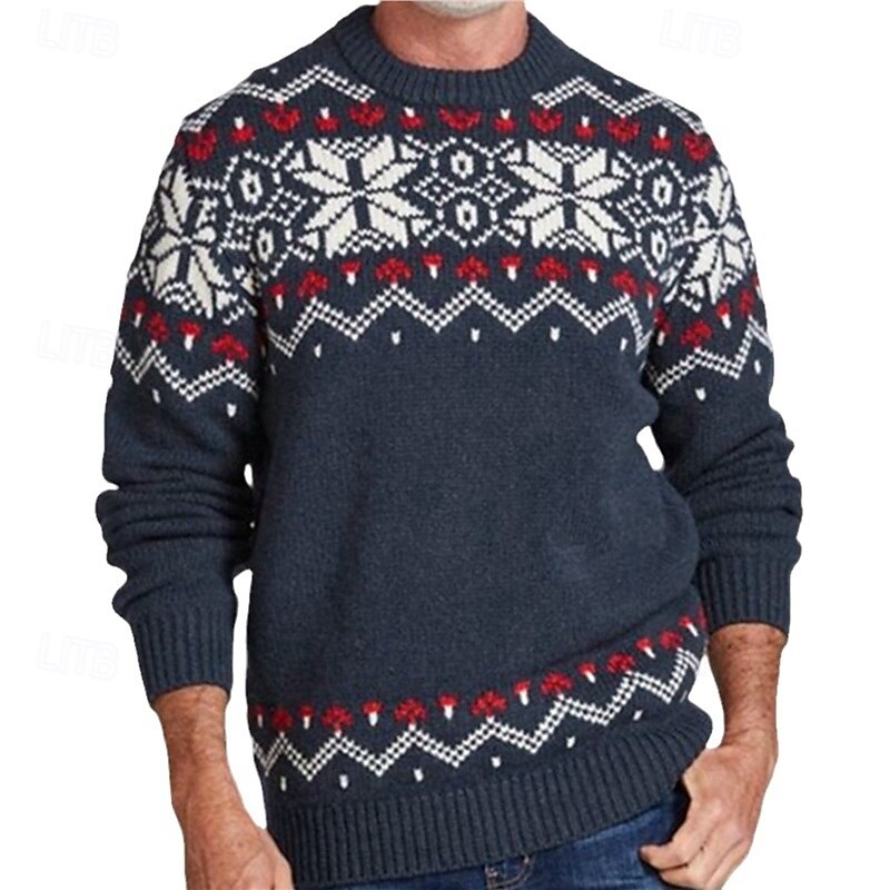 Christmas Men's Snowflake Fair isle Sweater Pullover Sweater Jumper Knitwear Crewneck Casual Vacation Daily 3D Print Keep Warm Long Sleeve Spring Fall Winter Navy Blue3
